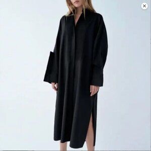 Zara Black Midi Poplin Pintuck Dress Size XS-S NEW WITH TAG!